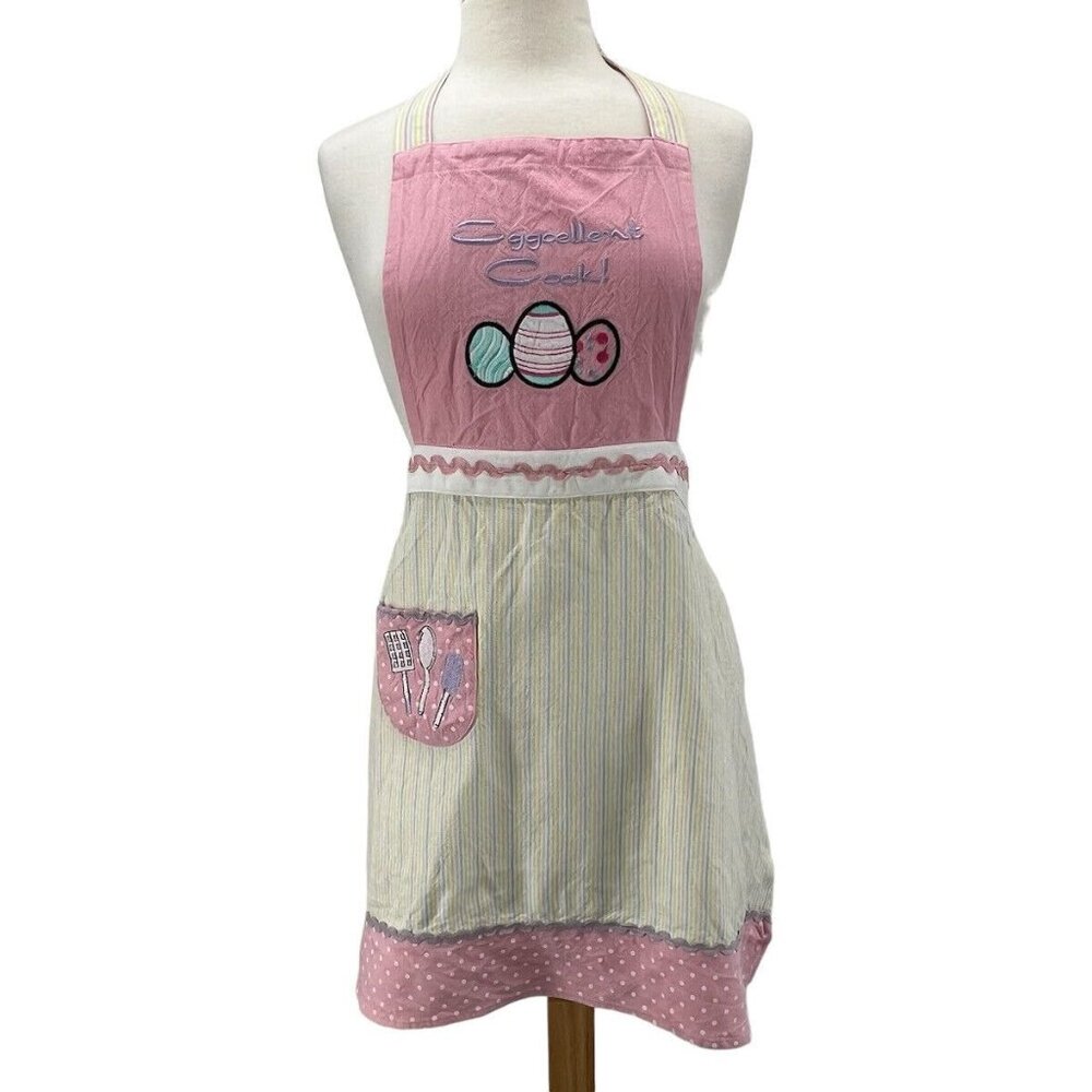 Adult Teen Apron Easter Eggcellent Cook Pink White Stripe EUC
